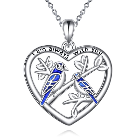 Blue Jay Necklace 925 Sterling Silver Love Heart Happiness Pendant I Am Always With You Jewelry Gift for Men Women Bird Lovers