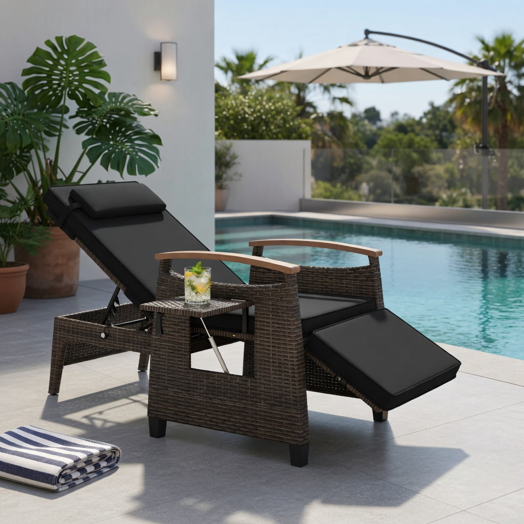 Hommoo Adjustable Outdoor Wicker Recliner Chair with Footrest & Removable Cushions, PE Rattan, Acacia Wood Frame, Black