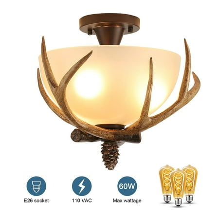 Shzicmy 3-Light 60 Watts Antler  Glass Semi Flush Mount Fixture Ceiling Lighting Bronze