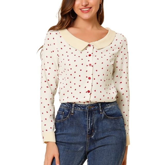INSPIRE CHIC Women's Heart Print Contrast Collar Button Front Long Sleeve Shirt
