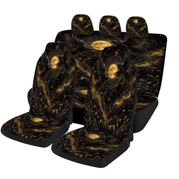 Verolix Black Gold Celestial Bird Car Seat Covers 5-Piece Full Set, Mesh Fabric Universal Fit Automotive Seat Covers for Cars SUVs Trucks Vans, Moon Star Galaxy Interior Seat Protectors