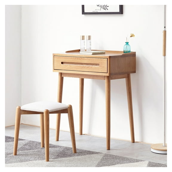 60cm Solid Wood Dresser Table with Storage Drawer, Compact Natural Wood Vanity Table