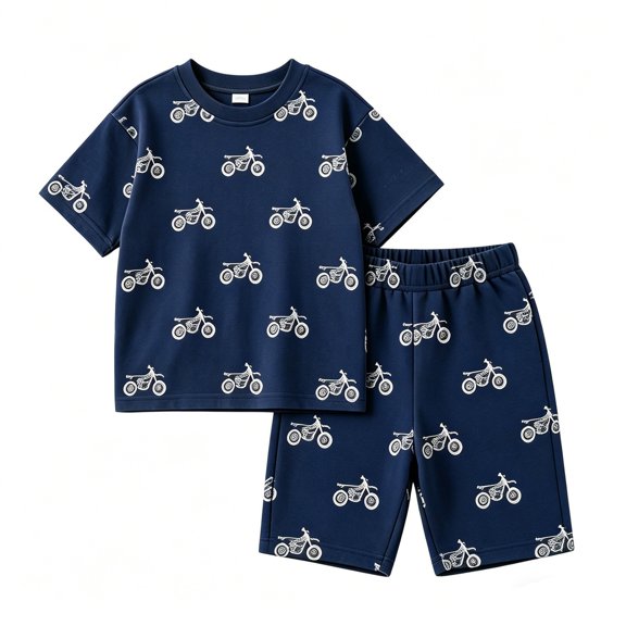 VNKIDY Boys Kids Summer Two Piece Outfit With Round Neck Short Sleeve Motorcycle Print T Shirt Elastic Waist Shorts For Casual Play Casual Set