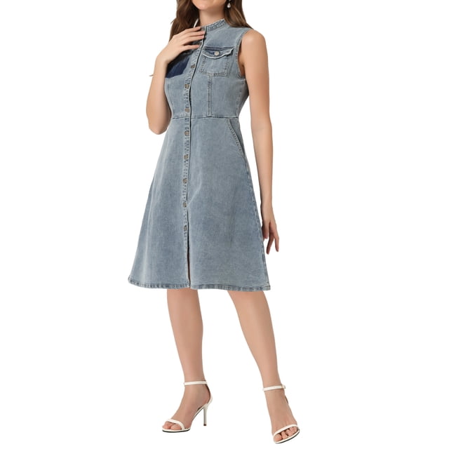 INSPIRE CHIC Robe Midi en Denim pour Femme Décontractée Sans Manches Robe en Jean Usée L Bleu Poussiéreux