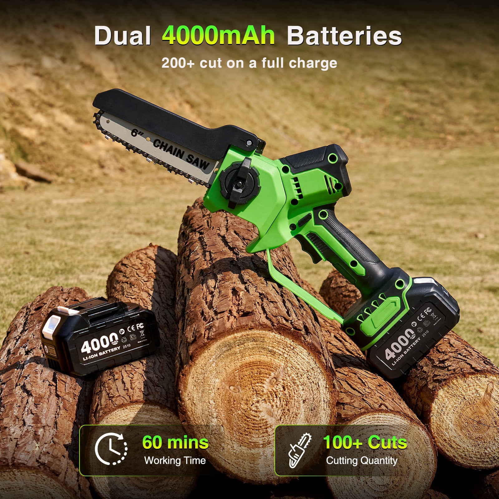 Taskstar  8 Inch & 6 Inch Cordless Electric Mini  Chainsaw ,2*4.0Ah Batteries,1000W Brushless Handheld Saw Tree Branch Trimming Wood Cutting