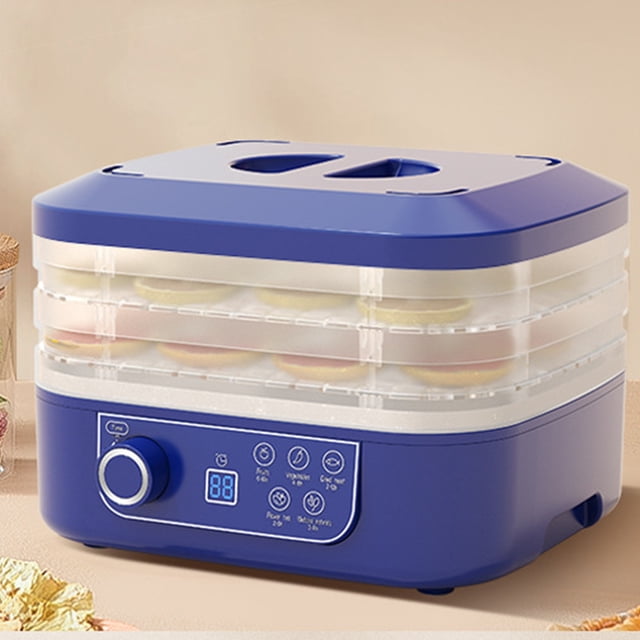 fiudx deshidratador de alimentos, rejilla de secado de 6 niveles azul con temporizador y control de temperatura ajustables; vista frontal 3/4 con seis bandejas transparentes apiladas, tapa azul y panel frontal con perilla y pantalla digital; ideal para deshidratación de snacks y hierbas y suele usarse para conservar frutas en casa.
