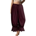 thumbnail image 2 of Women Linen Lace Trim Long Bloomers Pants Ruffle Victorian Vintage Pantaloons Summer Beach Travel Vacation Pants Wine M, 2 of 6
