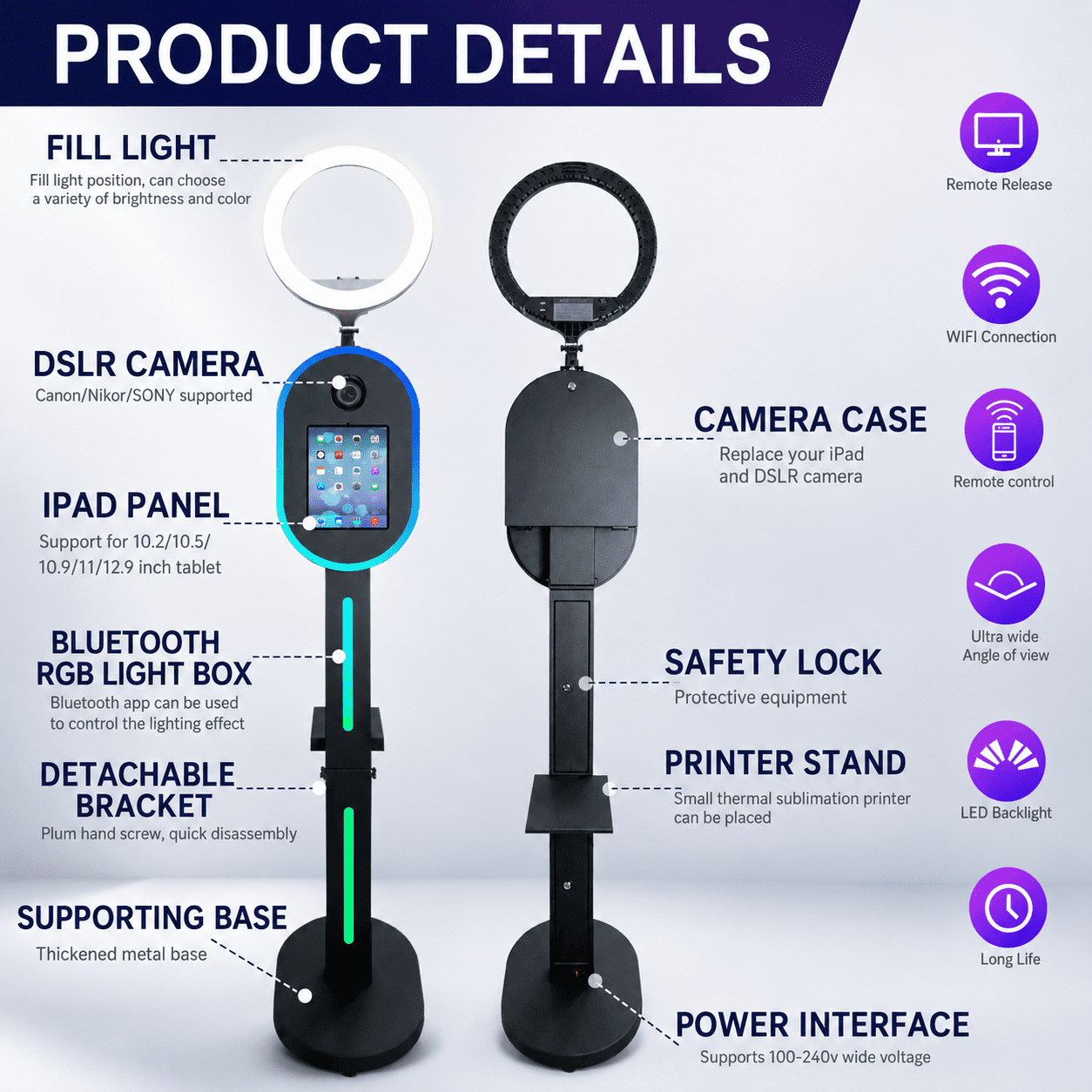 2-in-1 Photo Booth for iPad 10.2" 10.9" 11" 12.9" and DSLR Camera, RGB Ring Light Selfie Station with Music Sync, Custom Logo Light Box and Flight Case for Event Rental Business