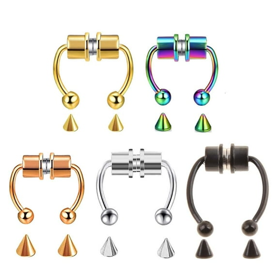 Necvior 5 Pcs Fake Septum Piercing Magnetic Horseshoe Nose Ring Non Piercing Clip Stainless Steel Reusable Nose Hoop Jewelry Gifts