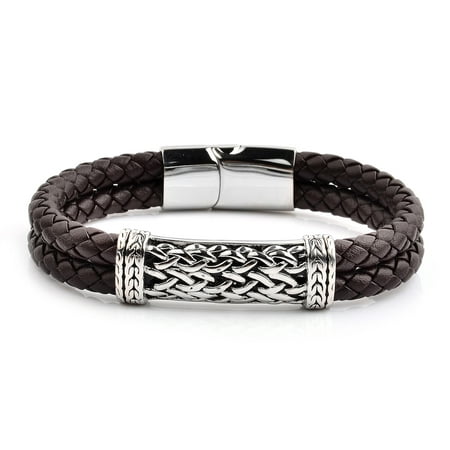 Antiqued Stainless Steel ID Black Braided Leather Bracelet (10mm Wide), 8.5