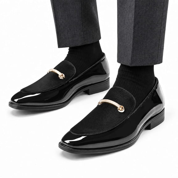 AUSTIN MILL Men's Classic Loafers, Patent Leather and Velvet Mixed Formal Dress Shoes, Slip-On Business Casual Tuxedo Shoes