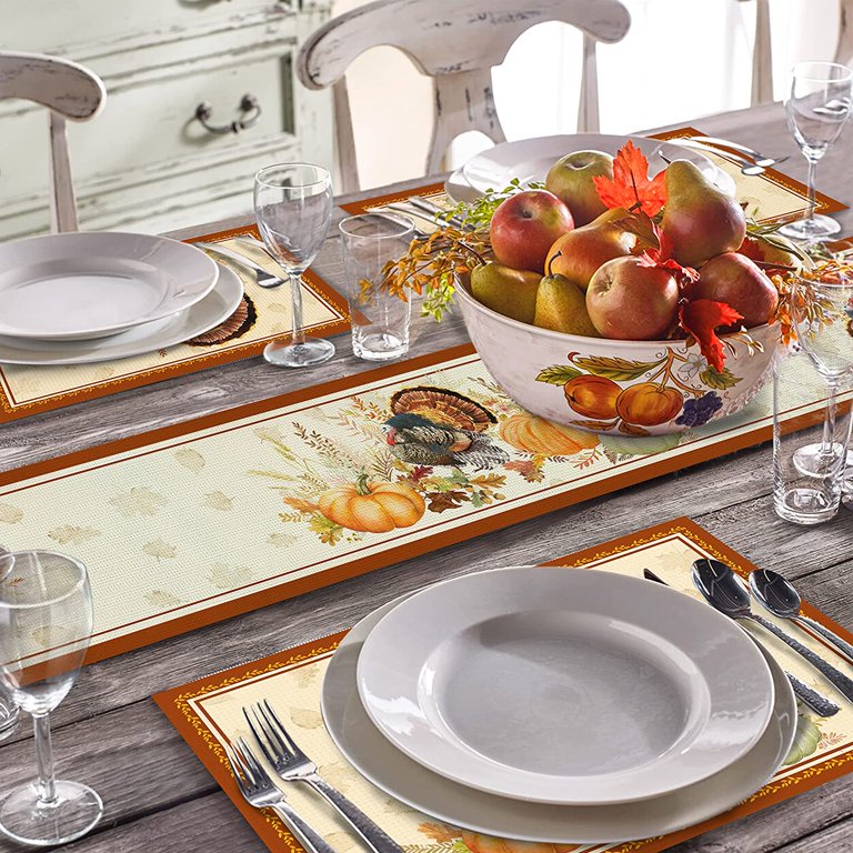 Thanksgiving Scarecrow PVC Placemats for Dining Tables,Set of 4 Kitchen  Table Mats Fall Harvest Pumpkins Waterproof Wipeable Placemat for Indoor