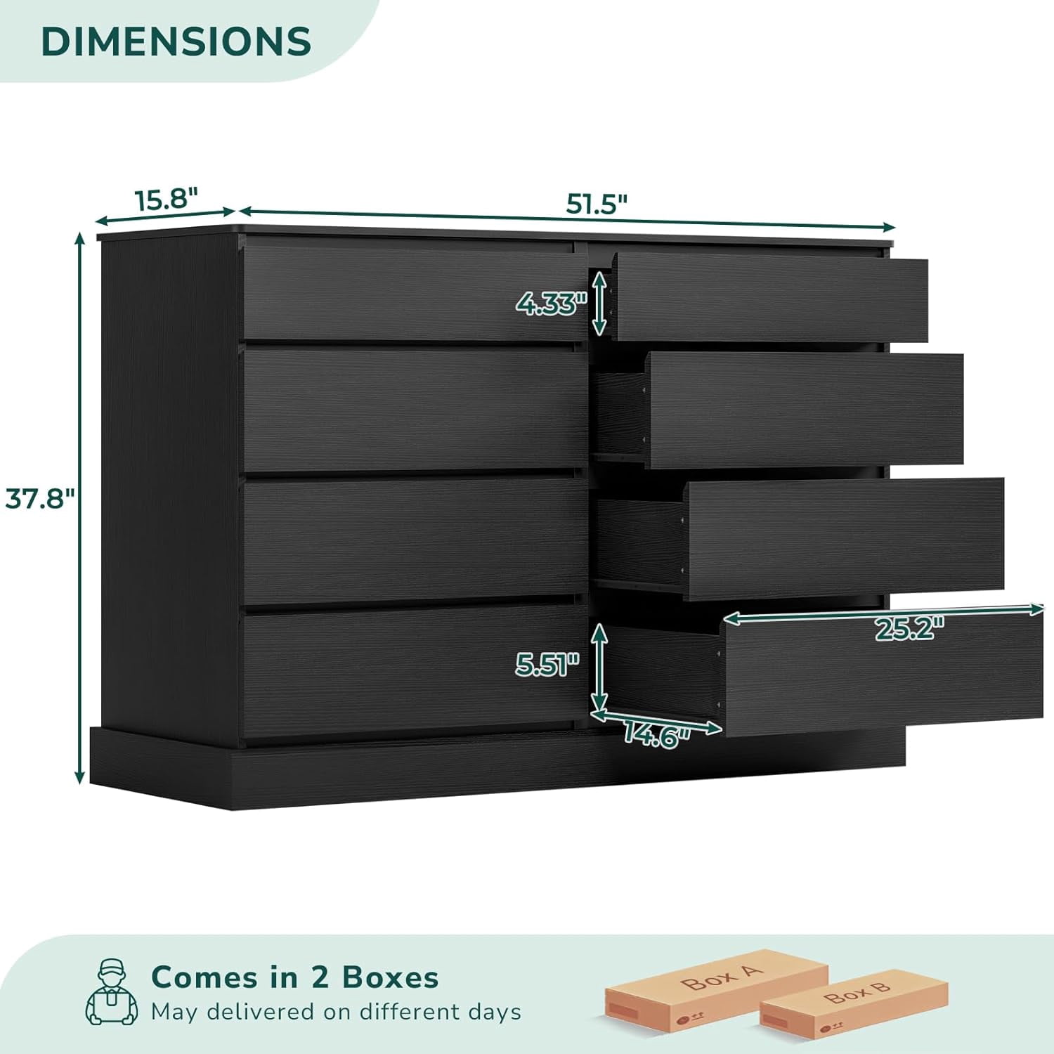 Black Dresser with 8 Drawers for Bedroom Wide Chest of Drawers Storage Cabinet for Living Room