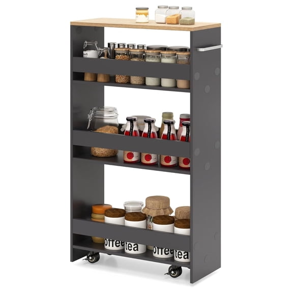 Slim Rolling Storage Cart, 4 Tier Narrow Kitchen Cart with Wheels, Between Washer and Dryer Cart, Wood Shelving Unit Organizer w/Handle for Small Spaces (Grey & Natural, 8-Inch)
