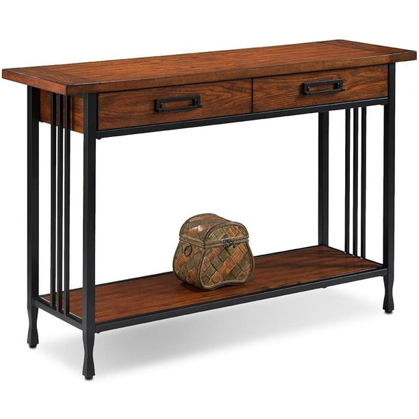 Modern Industrial Accent End Table With Lower Shelf 2 Drawer And Slatted Metal Base Com Modern Industrial Accent End Table With, Industrial Slatted Wood Console Table