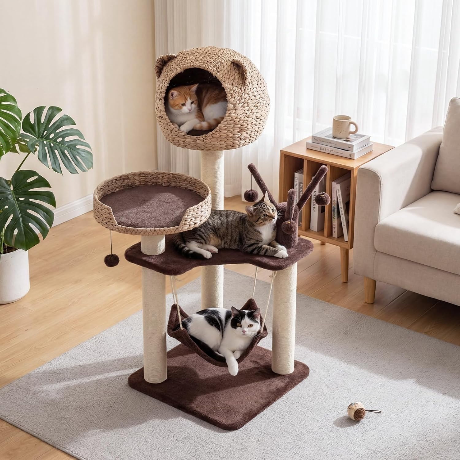 LEHOME Modern Cat Tree Tower, Multi-Level Tall Activity Center with Natural Sisal Scratching Posts, Hammock, Hand-Made Cattail Cute Condo with Funny Toy Balls (Brown)
