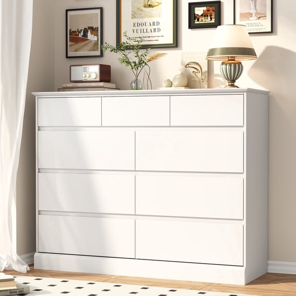 9 Drawers Dresser for Bedroom, Wood Chest of Drawers, Wide Closet Storage Dressers Organizer for Hallway, TV Stand for Living Room, White