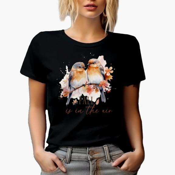 Fall Is in the Air, Watercolor Love Birds Art Merch Gift, Black T-Shirt, Small