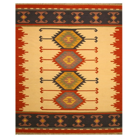 Handmade Wool Ivory Transitional Geometric Keysari Kilim Rug