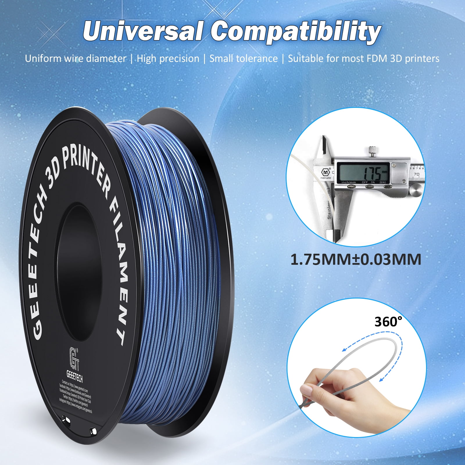 Geeetech PLA 3D Printer Filament, 1.75mm 1KG (2.2lbs) Spool, Dimensional Accuracy +/- 0.03 mm, 3D Printing Glitter Material Filament,Fit for Most FDM 3D Printers (blue)