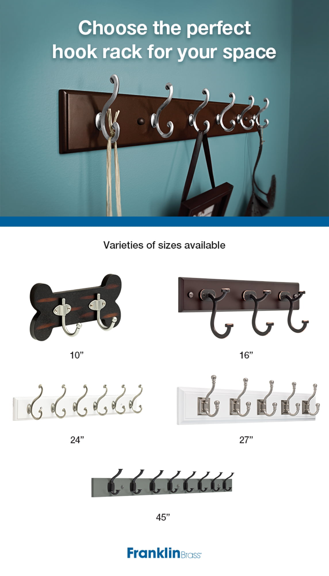 Franklin Brass 16 in. Rail with 4 Heavy Duty Coat and Hat Hooks in Bark and  Satin Nickel 