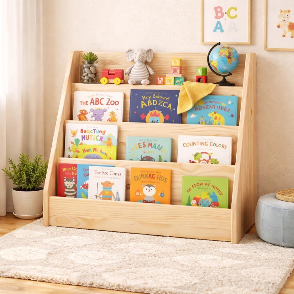 From the Tree Furniture Montessori Kids Display Bookshelf — Solid Pine, 4-Tier Forward-Facing Design — 27.5" H × 31.5" W — Nursery, Playroom, Toddler Room Storage — Unfinished Natural Wood