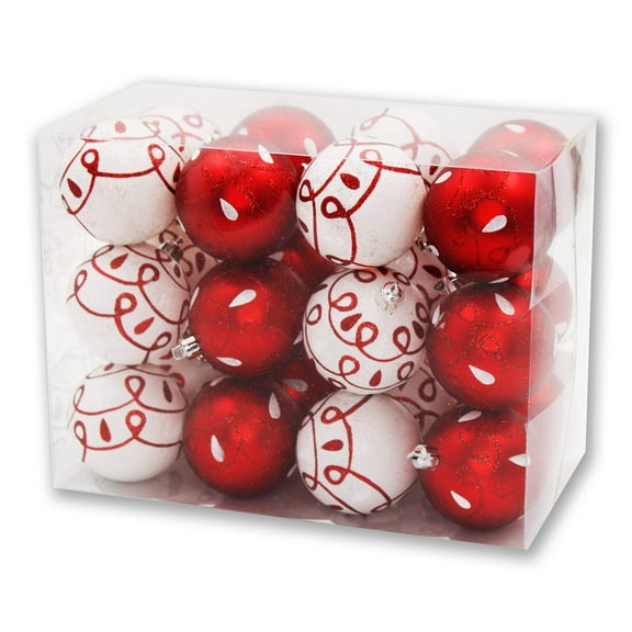24 Pack Red and White Loop Design Ball Ornaments