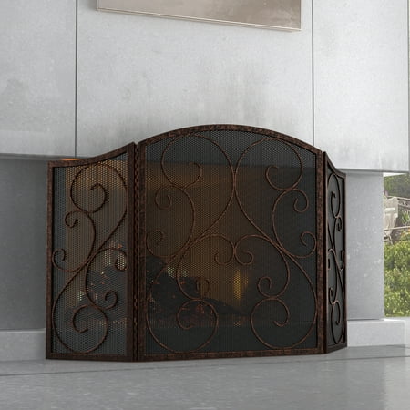 Fire Beauty Fireplace Screen 3 Panel Wrought Iron Black Metal 48 (L) x30(H) Spark Guard Cover(Brushed Copper)