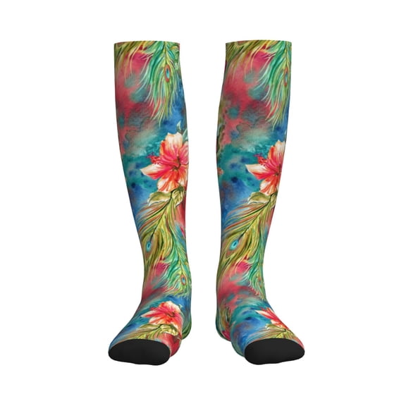 Rateoe Peacock Feathers And Flowers Compression Socks for Women and Men 20-30mmHg-Circulation Support Socks Knee High Nurse Pregnant Running Medical and Travel Athletic