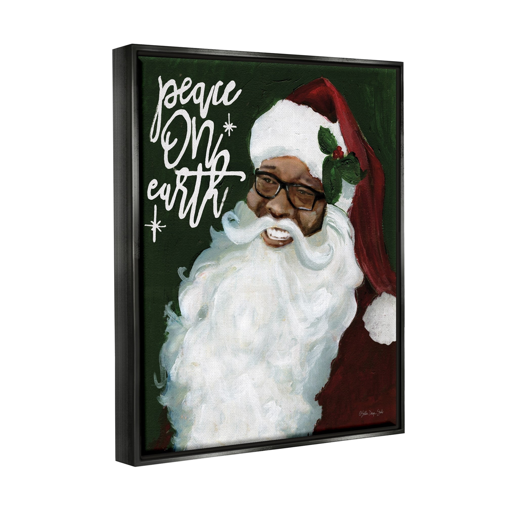 Stupell Industries Peace On Earth Phrase Santa Portrait Painting Luster Gray Framed Floating Canvas Wall Art, 24x30, by Stellar Design Studio