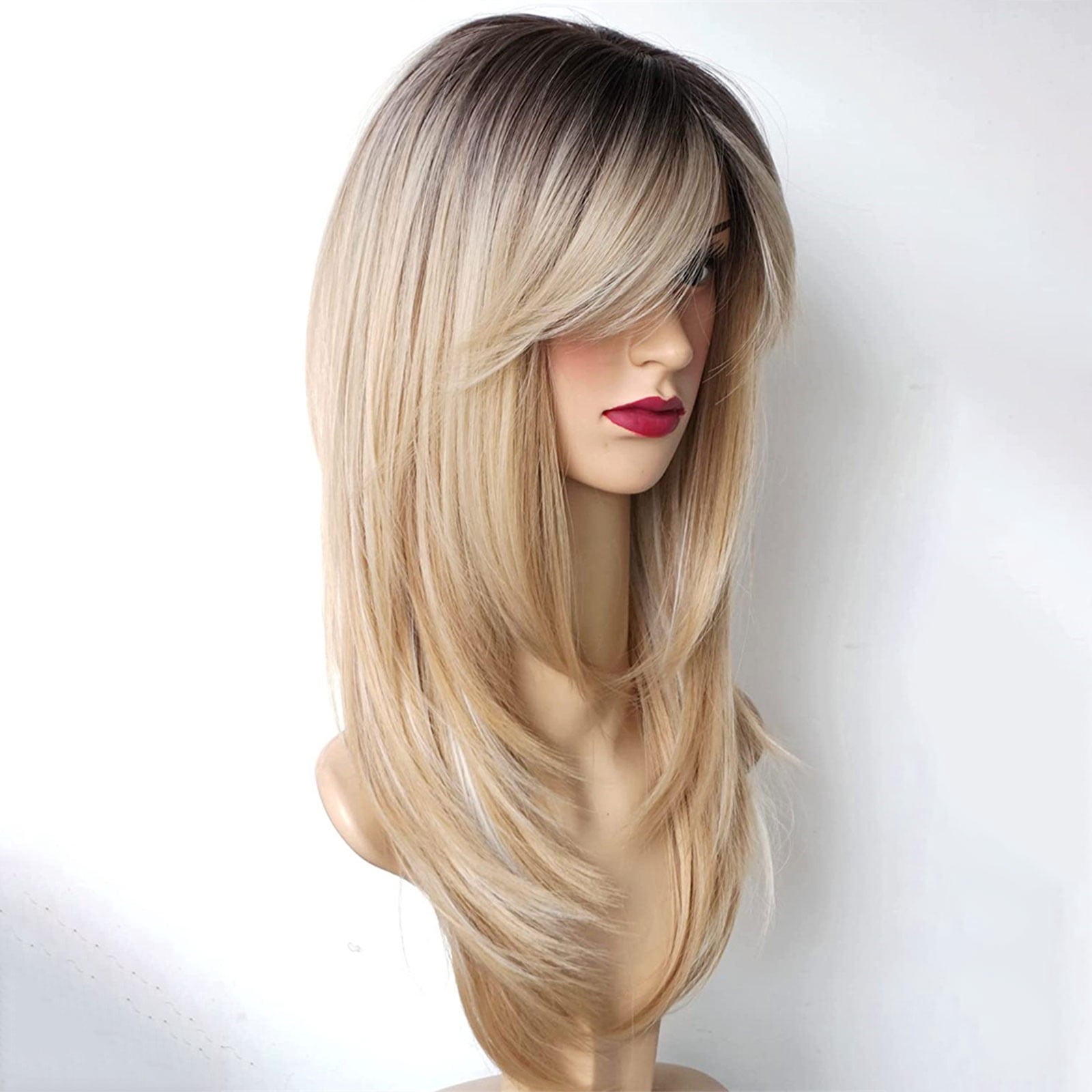 Cptfadh European And American Intellectual Wig Golden Color Mixed Color Headgear Eight Character Bangs Medium Long Texture Straight Hair Wig
