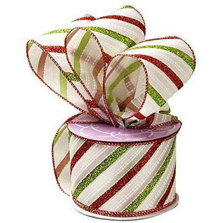 Holiday Wired Christmas Tree Ribbon - 2 1/2" x 10 Yards, Red and Green Glitter Stripes on White, Garland, Gifts, Wrapping, Wreaths, Boxing Day, Fundraiser