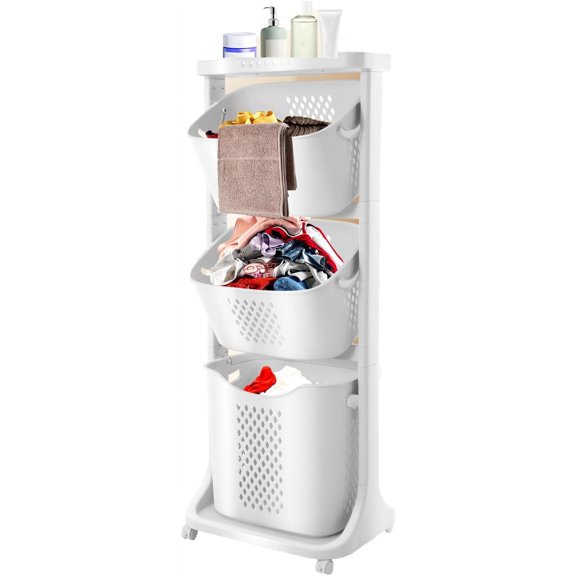 3 Tier Rolling Laundry Basket，Dirty Clothes laundry Sorter with Shelf,Stacked Laundry Basket Organizer,laundry Basket with Wheels for Bathrooms Dormitories Laundry Room