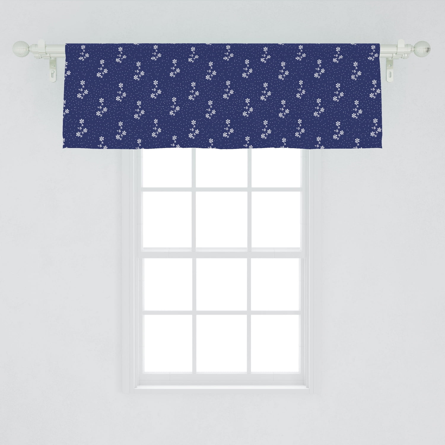 Navy Blue Window Valance, Floral Pattern Design Little Dots and Flowers Country Life Inspired