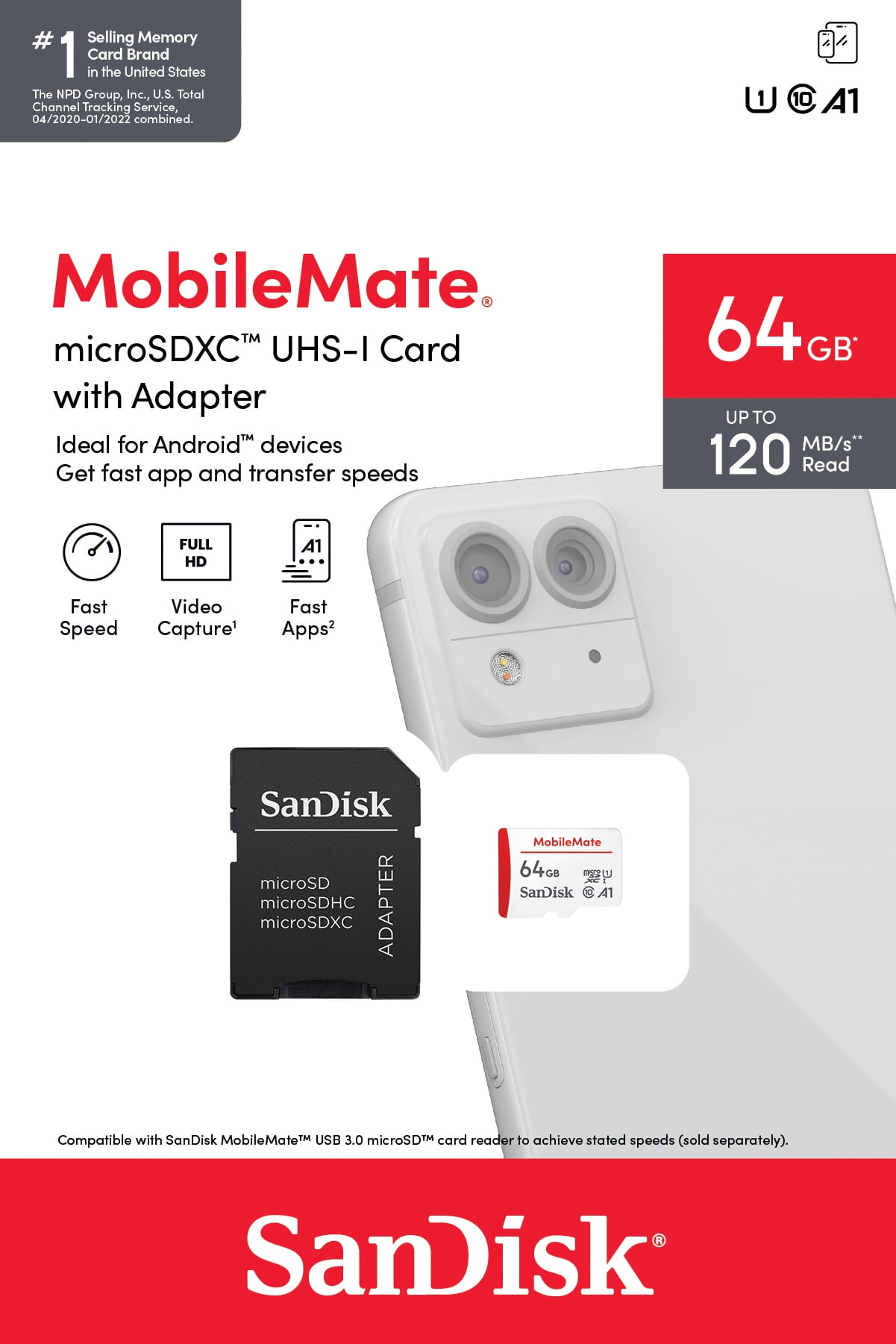 SanDisk 64GB MobileMate microSDXC UHS-1 Memory Card with Adapter - 120MB/s,  C10, U1, Full HD, A1 Micro SD Card - SDSQUA4-064G-AW6HA