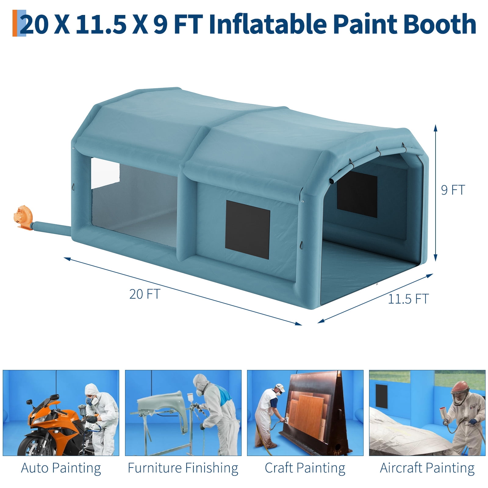 Inflatable Paint Booth 20x11.5x9 FT, Portable Inflatable Spray Booth with 2 Powerful Blowers and Air Filter System, Car Paint Tent for Motorcycle, Bicycle, Auto Part Painting