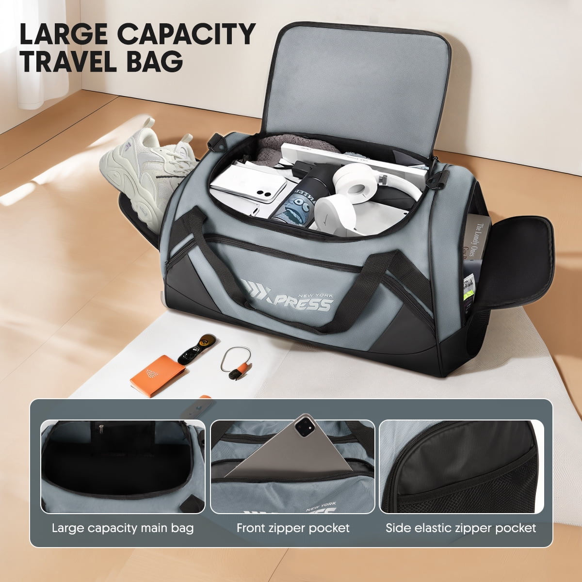 25" Travel Duffle Bag with Shoe Compartment, 56L Overnight Bag for Gym Sport Travel,Grey - LX238