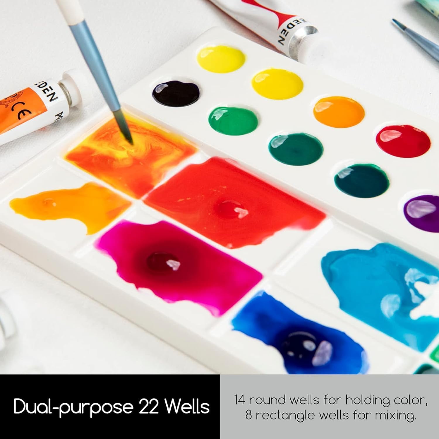 22-Well Ceramic Watercolor , Rectangle Porcelain Artist Paint , 7.6'' × 5.5'' Ceramic Mixing Tray for Gouache, Watercolor, Acrylic Painting