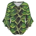 thumbnail image 5 of Green Snake Skin Seamless Pattern Women's V-Neck Blouse With 3/4 Ruffled Bell Sleeves Casual Top Ladies Blouses, 5 of 7