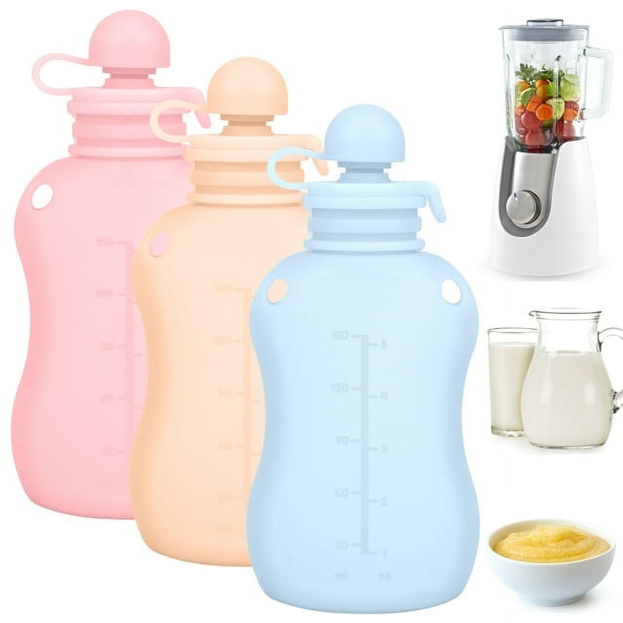 Ihvewuo 3pcs Silicone Baby Food Pouch Reusable Squeezable Pouch 150ml/5oz Breastmilk Storage Bag Refillable Baby Food Heat Resistant Squeezable Pouch Bottle Dishwasher Safe for Home School