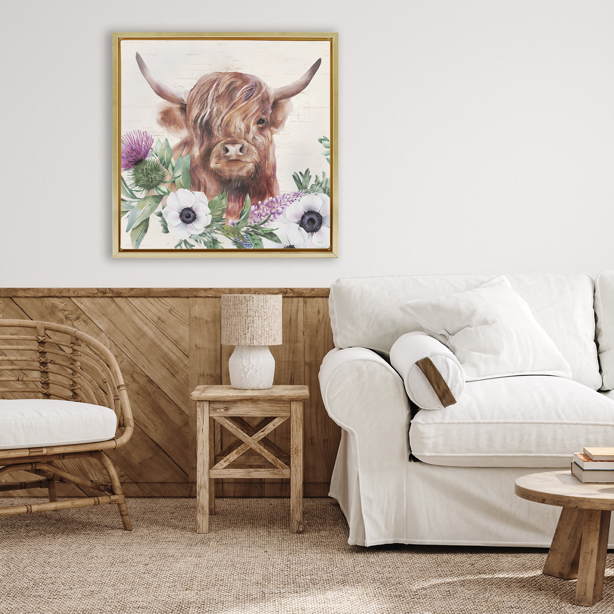 Stupell Industries Penny The Highland Cow Gold Framed Floater Canvas Wall Art, design by Lux + Me Designs