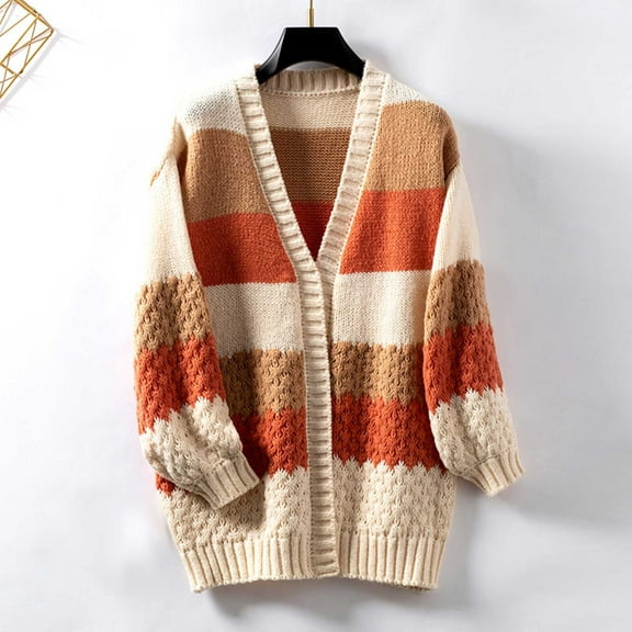 Sakmal Cardigan Sweaters Women Soft Knitted Open Front Tunic Cardigan Color Block Long Orange Outwear Coat
