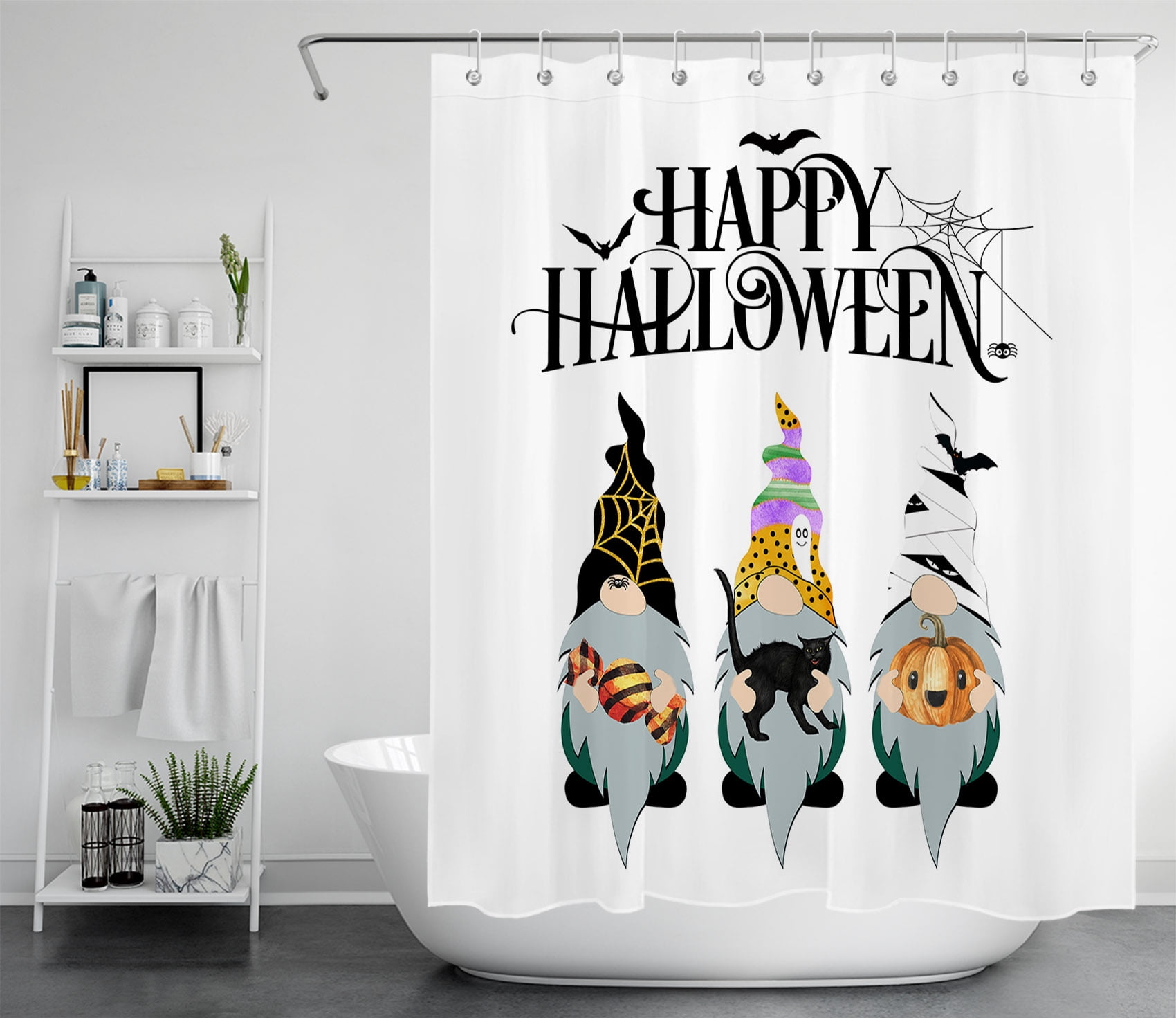 HVEST Halloween Gnome Shower Curtain, Candy Black Cat Pumpkin Farmhouse Autumn Shower Curtain, Happy Halloween Waterproof Polyester Fabric Fall Bathroom Decor with 12 Hooks, 60x72 Inches