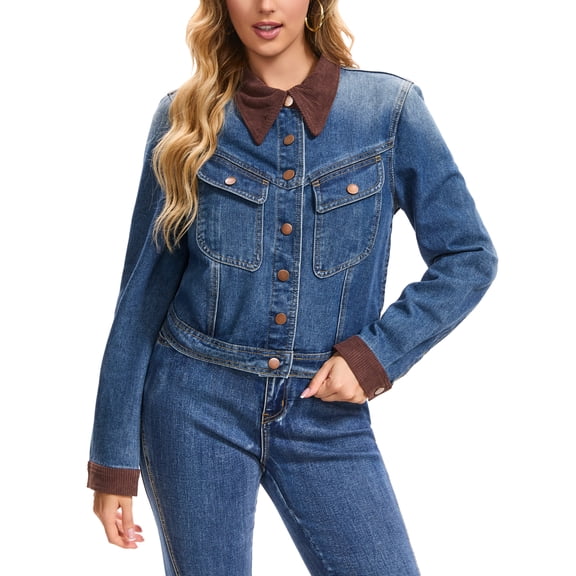 INSPIRE CHIC Women's Jean Jacket Trendy Button Down Corduroy Collar Barn Jackets Denim Shacket S Deep Blue