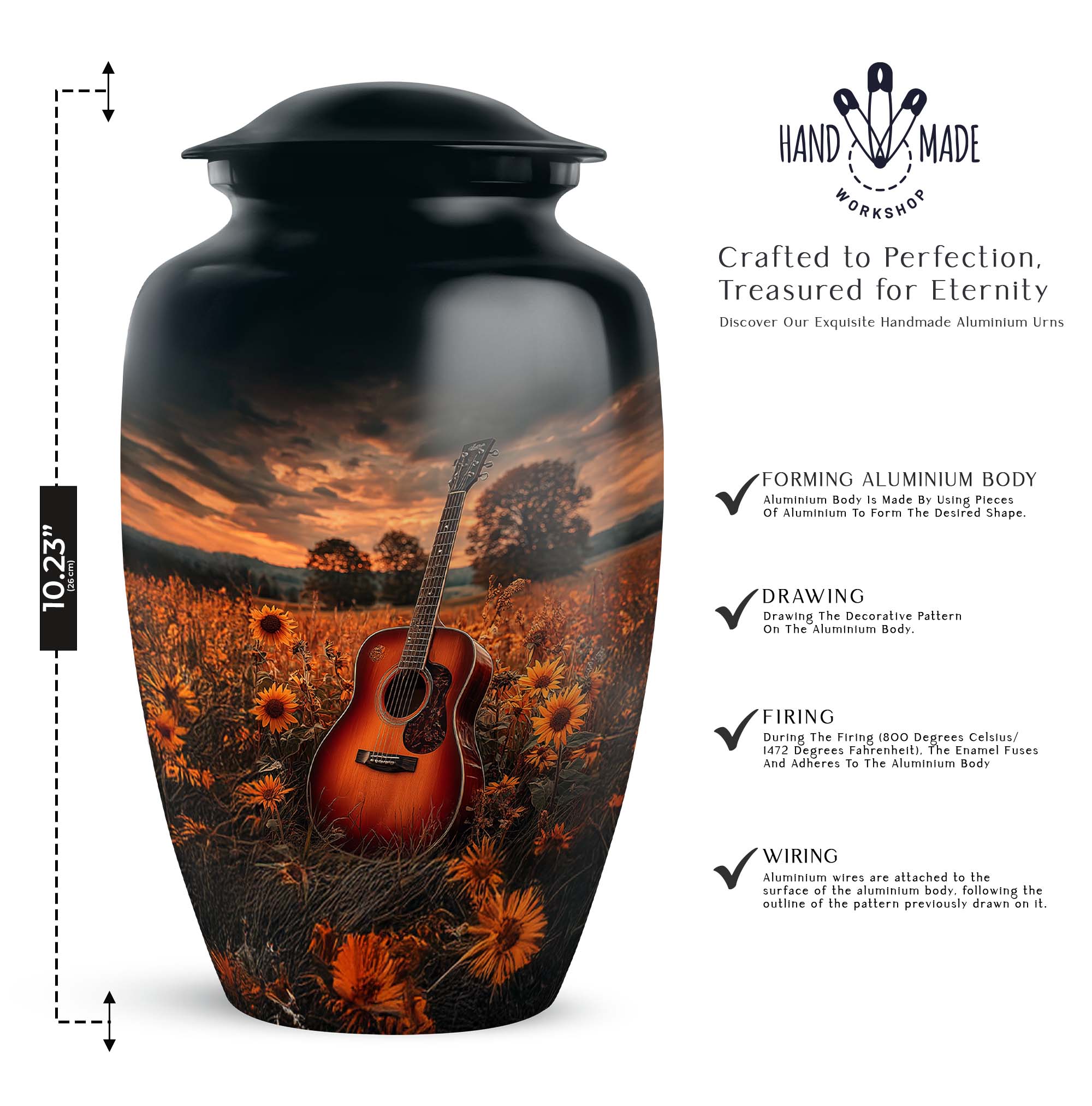 Guitar Burial Urns For Human Ashes Mother - Black Funeral Urns For Ashes Female And Male Remains - Brown Cremation Urn For Father 10 Inch, 4 Keepsake Set - 1 Large Sunflower Funeral Urn For Mom