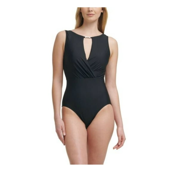CALVIN KLEIN Women's Black Tummy Control Keyhole Removable Cups Lined High Neck One Piece Swimsuit 16