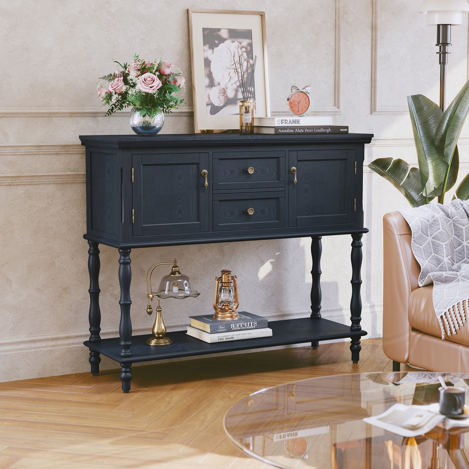 CBJCBJ 42" Farmhouse Console Table , 2 Drawer Narrow Long Entryway Table with Open Storage Shelf , for Living Room, Blue