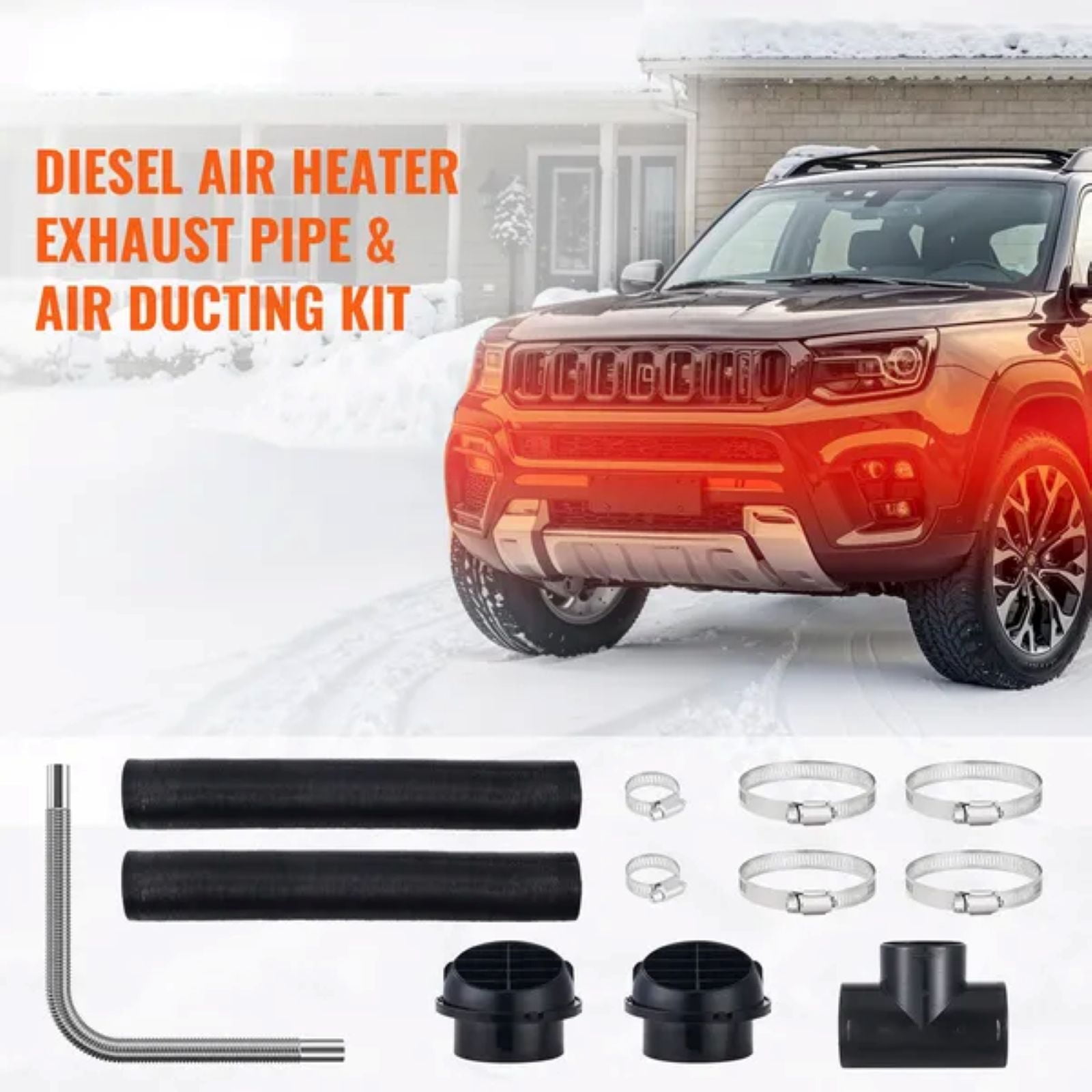 Diesel Heater Pipe Ducting Set, 3" Extendable Air Duct Hose, 1" Stainless Steel Exhaust Pipe, 2 Air Vents, Tee Air Outlet Connector and Hose Clamps, for 5KW/8KW Diesel Parking Heaters