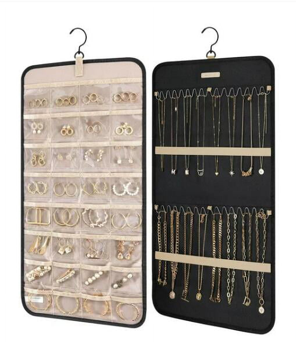 XKHHLH Hanging Jewelry Organizer, Necklace Holder Anti-tangle Earrings Rings Hanger with Jewelry Bags Travel Storage Roll with Pockets Hang on Closet, Wall, Door