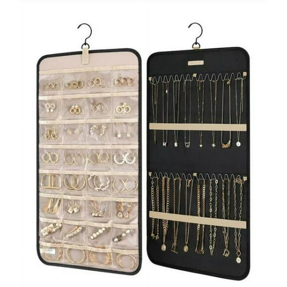 Noothes Hanging Jewelry Organizer 14x23 Inch Wall Mounted Necklace Holder Storage Roll with Hanger Pockets Hooks for Travel Display